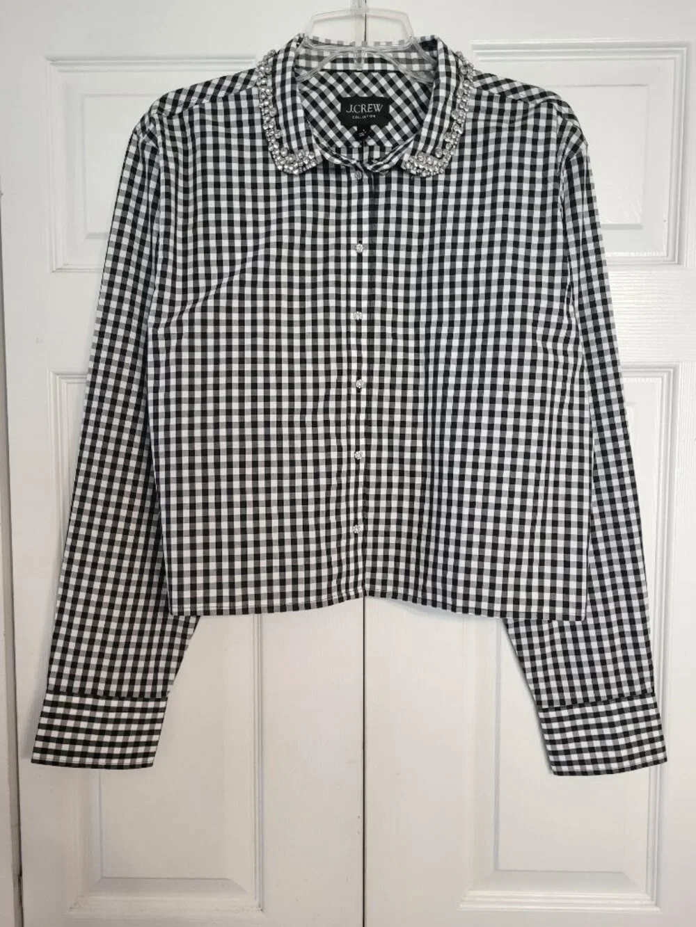J. Crew Collection Embellished Cropped Button-Up Shirt in Cotton Poplin Gingham